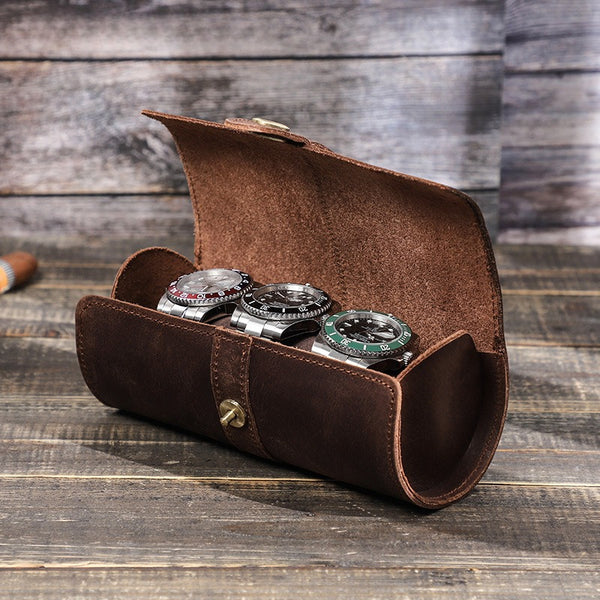 Vintage Leather Watch Case Roll Box Round Buckle Holds 3 Watches Gift