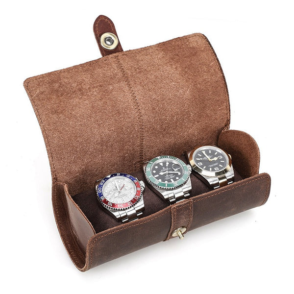 Vintage Leather Watch Case Roll Box Round Buckle Holds 3 Watches Gift