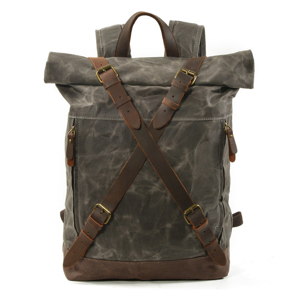 Vintage Canvas Leather Roll On Laptop Backpack Waterproof Rucksack Shoulder Hiking Bag