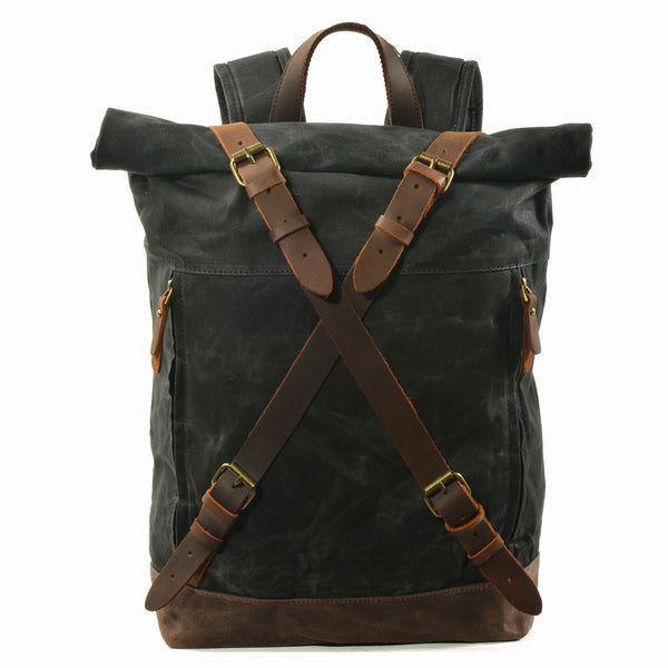 Vintage Canvas Leather Roll On Laptop Backpack Waterproof Rucksack Shoulder Hiking Bag