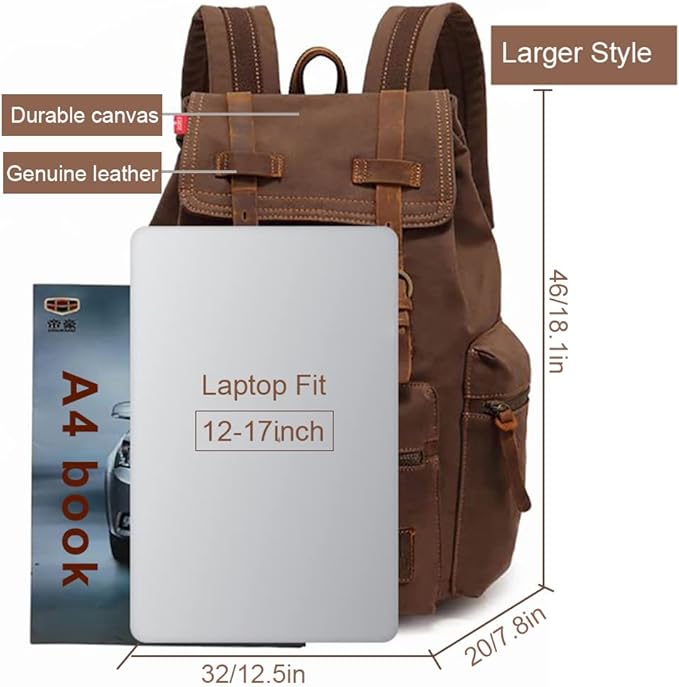 15.6" Canvas Vintage Backpack - for School Hiking Travel Laptop