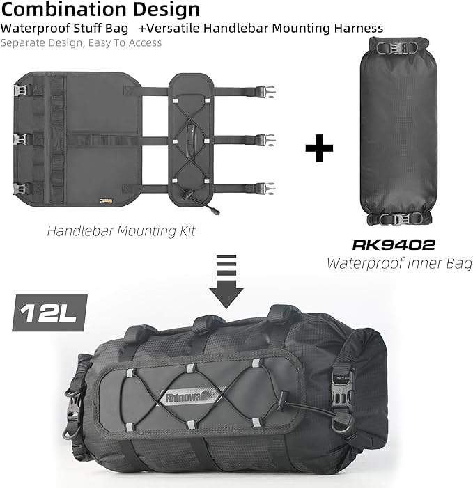 12L Waterproof Bike Handlebar Bag – Dry Front Roll Bikepacking Bag with Shoulder Strap