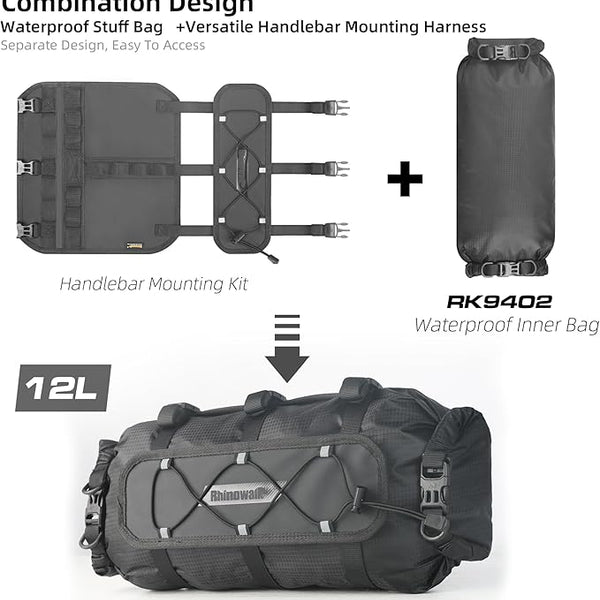 12L Waterproof Bike Handlebar Bag – Dry Front Roll Bikepacking Bag with Shoulder Strap