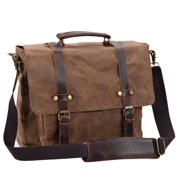 15.6 Inch Laptop Messenger Bag – Waterproof Waxed Canvas & Genuine Leather Briefcase