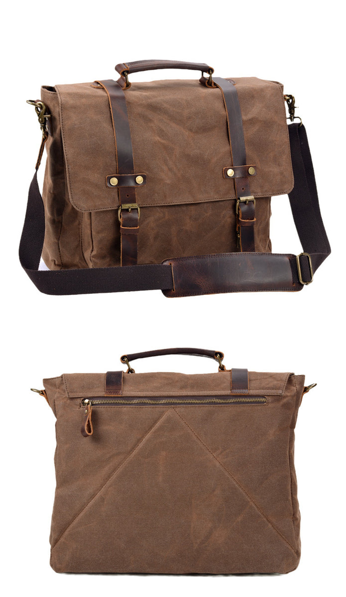 15.6 Inch Laptop Messenger Bag – Waterproof Waxed Canvas & Genuine Leather Briefcase