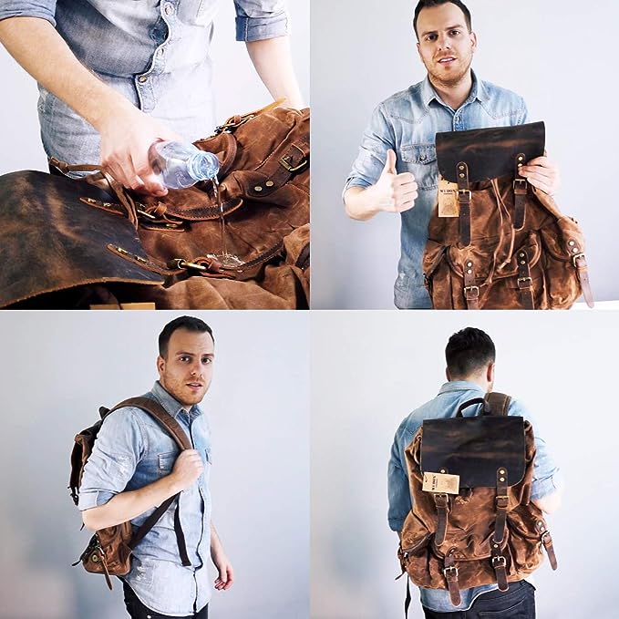 Vintage Waxed Canvas and Leather Backpack Mens