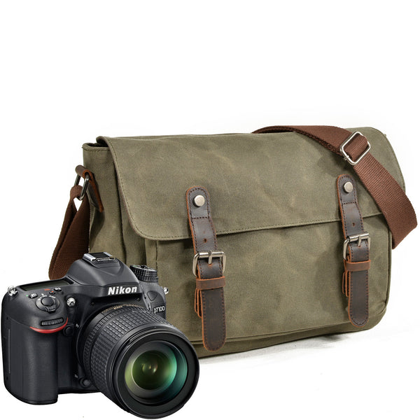 Vintage Canvas Leather Camera Bag – DSLR Messenger Bag with Padded Insert