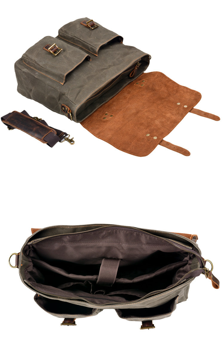 Waxed Canvas Leather Messenger Bag – Vintage Crossbody Laptop Bag for Men