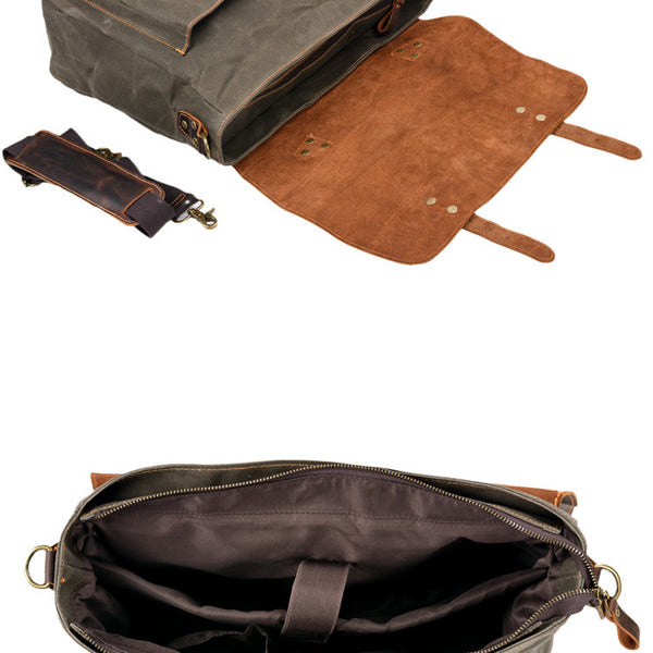 Waxed Canvas Leather Messenger Bag – Vintage Crossbody Laptop Bag for Men