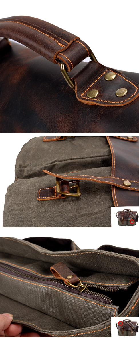 Waxed Canvas Leather Messenger Bag – Vintage Crossbody Laptop Bag for Men