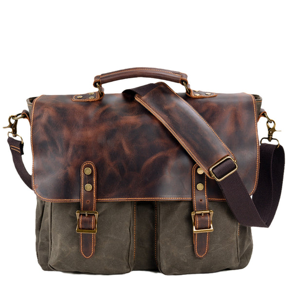Waxed Canvas Leather Messenger Bag – Vintage Crossbody Laptop Bag for Men